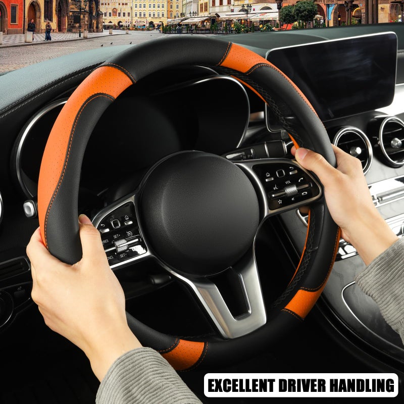 Binsheo Leather Steering Wheel Cover, Breathable, Anti Slip & Odor Free, Black and Orange - Image 5